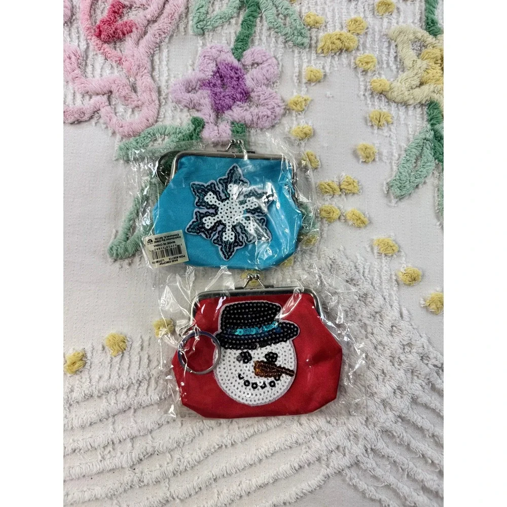 DMM Christmas Coin Purse Keychain Set Snowman Snowflake Sequin Kiss Lock 2 Pack